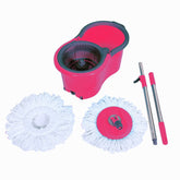 Kuber Industries Plastic Adjustable Mopping Set & 2 Microfiber Head Refill with Wheels Bucket and Auto Fold Handle for Floor Cleaning (Pink)